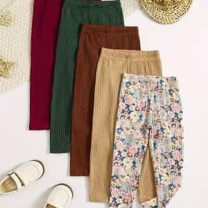 lot-de-5-leggings-basiques-a-imprime-floral-et-uni-pour-filles-coupe-s