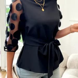 chemisier-ceinture-en-maille-appliquee-chemisier-elegant-a-manches-mi-