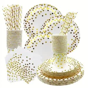lot-de-42-gobelets-et-assiettes-en-papier-blanc-a-pois-dores-pour-fete