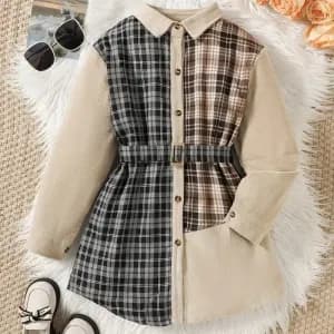 chemise-a-carreaux-a-manches-longues-pour-fille-avec-ceinture-et-bouto