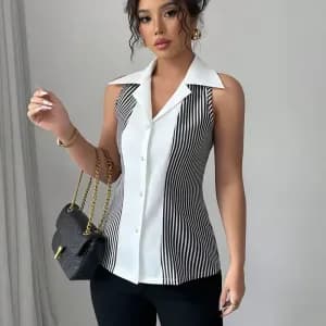 chemisierrayeelegantsansmanchesaveccolareversetboutons