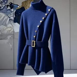 pullelegantacolmontantpourfemmeavecboutonsdecoratifsetceinturealataill