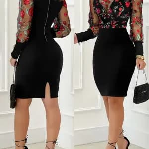 robeeleganteamancheslonguesetfleursbrodeespourfemme