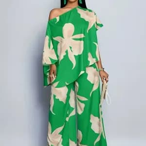 ensemblehautetpantalonelegantsaimprimefloraletcolasymetrique