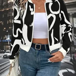 cardiganzippeelegantaimprimeabstraitnoiretblancpourfemme