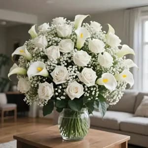 bouquetde30fleursartificiellesavecarumsrosesetgypsophiles