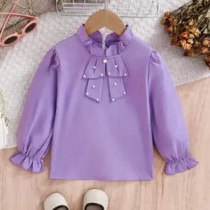 chemiseamancheslonguespourfillecolplisseornedunnoeudperleetpoignetsavo