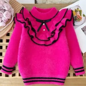 pullroseelegantacolvolantepourfillemanteaudhiverdouxamancheslongues