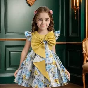 robedeprincesseaimprimefloralpourfilleavecgrandnoeudjaune