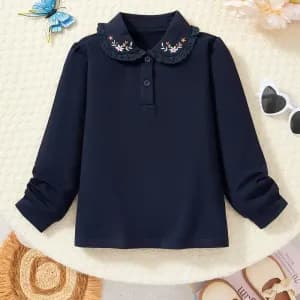 poloblancbrodedefleurspourfillechemiseamancheslonguesboutonnee